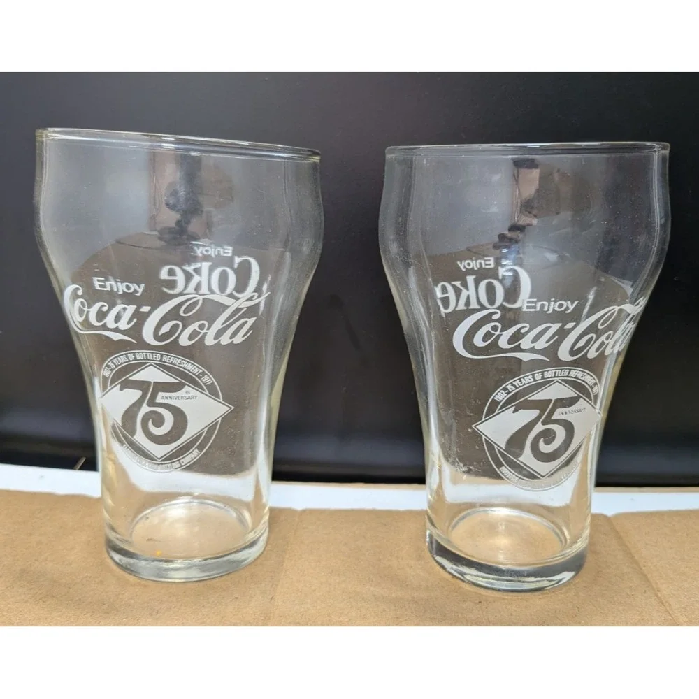 Set of 2 75th Anniversary Coca Cola Enjoy Coke Clear Juice Glasses 10 oz Vintage